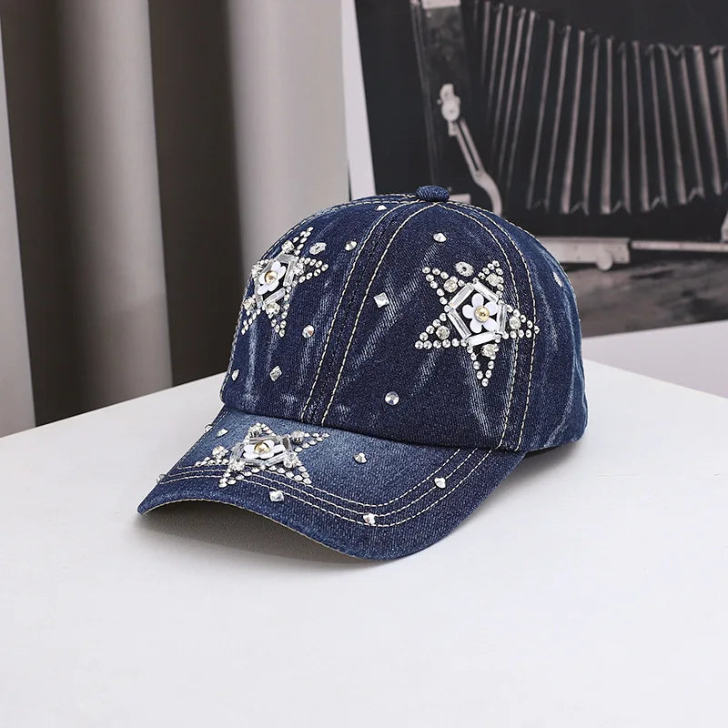 Women's Shiny Bling Denim Diamonds Hat Sparkling Rhinestone Baseball Cap