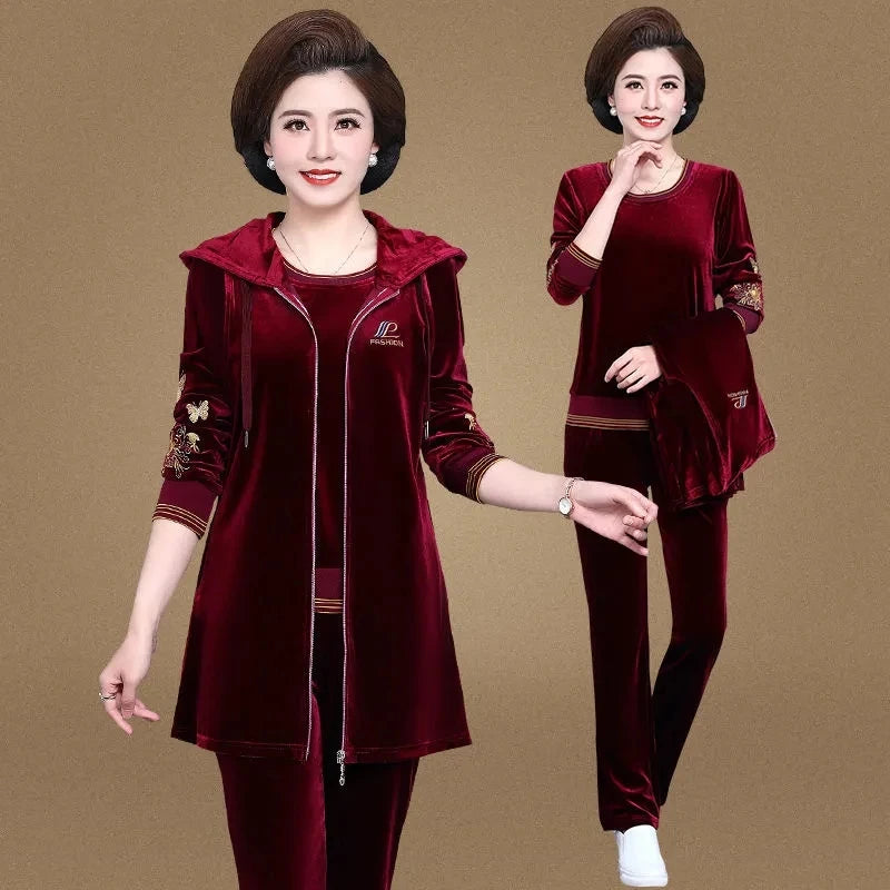 Women Velvet Tracksuit Embroidered Plus Size 3 Piece Outfit