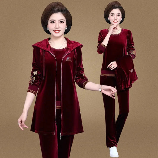Women Velvet Tracksuit Embroidered Plus Size 3 Piece Outfit