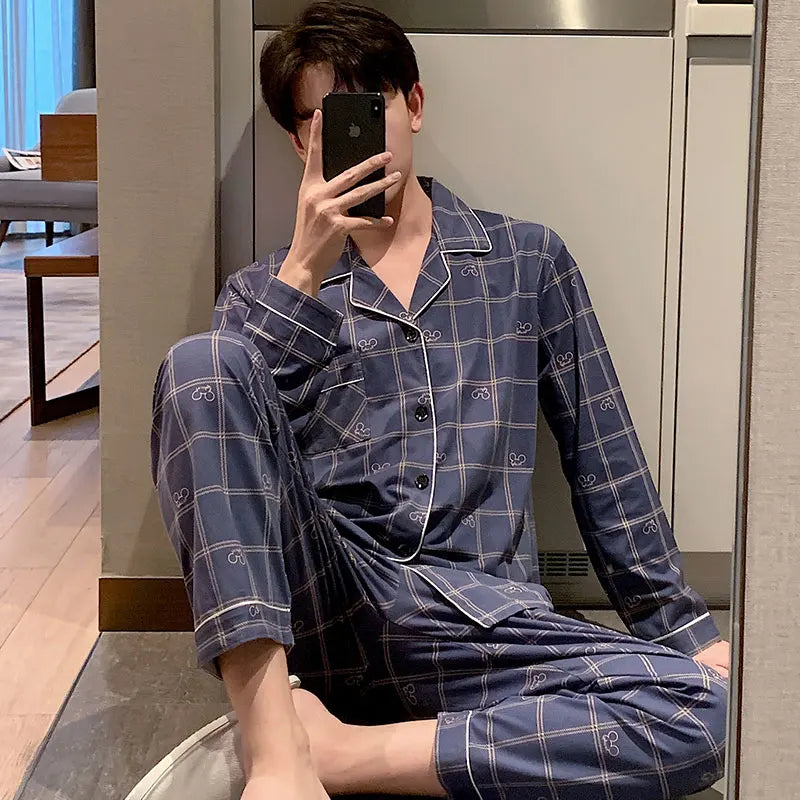 High Quality Autumn Pajamas Mens Milk Silk Sleepwear Long Sleeve 2 Pieces Pajama Set Men Casual Style