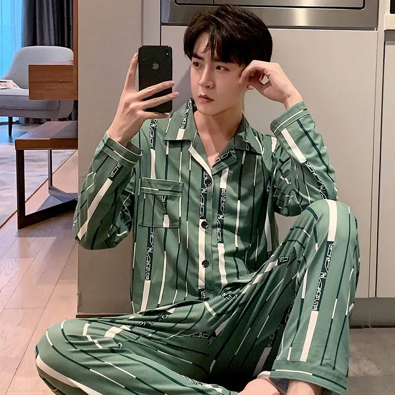 High Quality Autumn Pajamas Mens Milk Silk Sleepwear Long Sleeve 2 Pieces Pajama Set Men Casual Style
