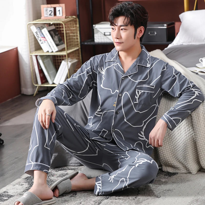 High Quality Autumn Pajamas Mens Milk Silk Sleepwear Long Sleeve 2 Pieces Pajama Set Men Casual Style