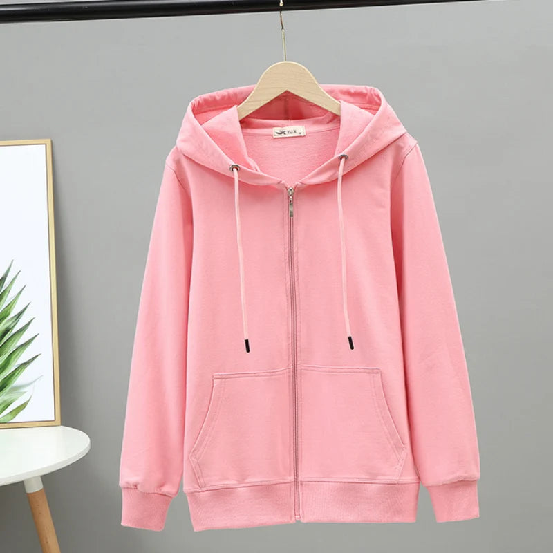 100% Cotton Women Hoodies Large Size Solid Zipper Casual Hooded Oversized Sweatshirt