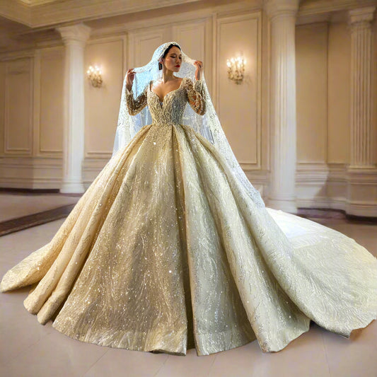 Luxury High Quality Full Beading Wedding Dress with Long Sleeves Bridal Dress Customized