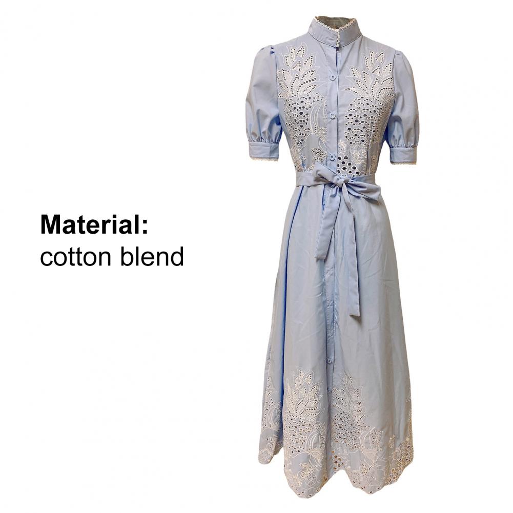 Elegant Embroidered Women Maxi Dress Chic Lapel Long Sleeve High Waist Lace Up Dresses