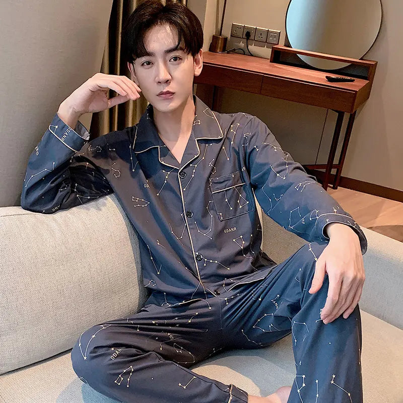 High Quality Autumn Pajamas Mens Milk Silk Sleepwear Long Sleeve 2 Pieces Pajama Set Men Casual Style