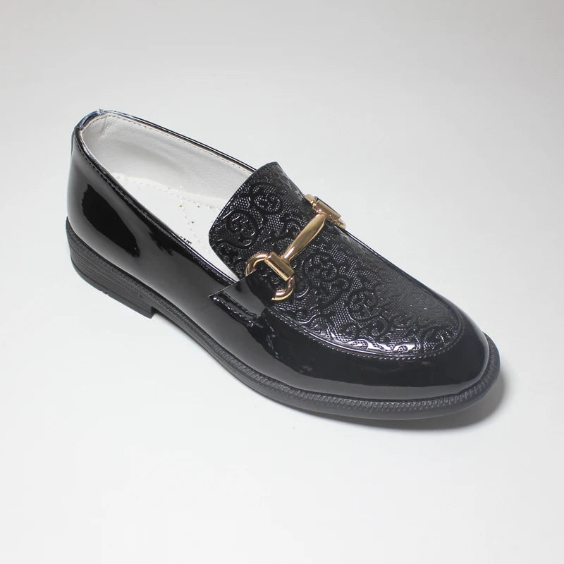 Boys Formal Shoes Black Patent Leather Slip On Round Toes