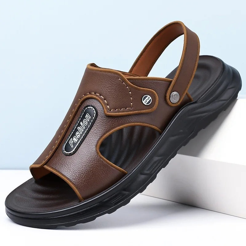 Xuanhui Men's Durable Non-Slip Flat Heel Sandals Thick Sole Breathable PU Insole Summer Beach Shoes