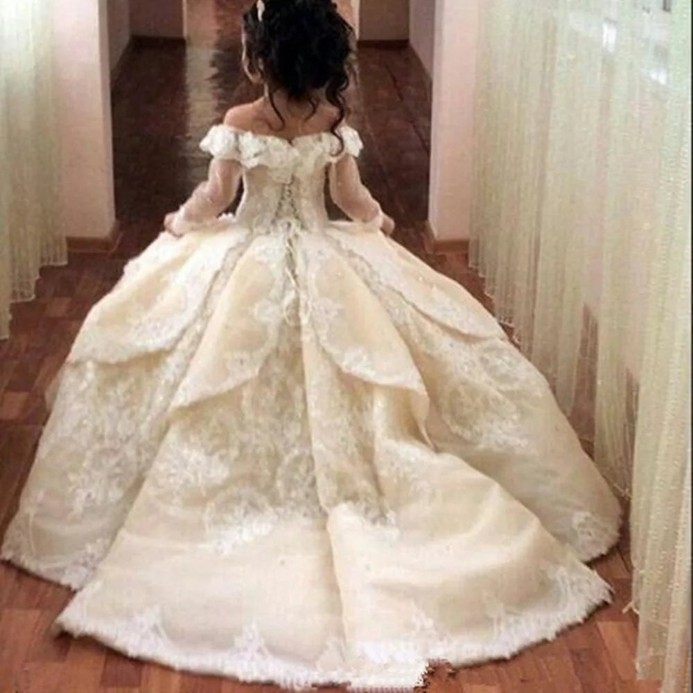 Elegant Toddler Full Sleeves Princes Gown Lace Flower Girl Dresses Sheer Flower Girl First Communion Princess Pageant