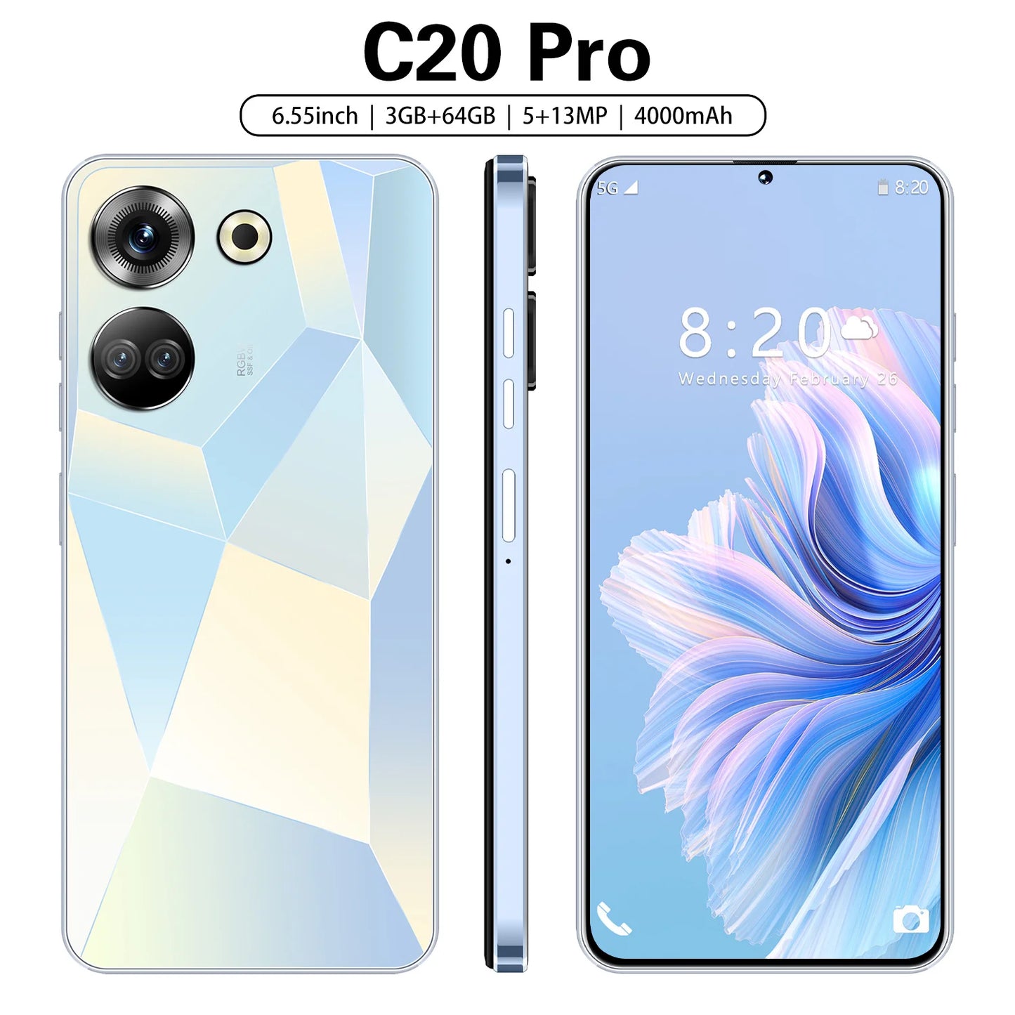 Brand New C20pro Version Android 14.0 HD Screen Dual SIM Card LTE Cellular 3G OTG Fingerprint Fast Charging 5g Smartphone