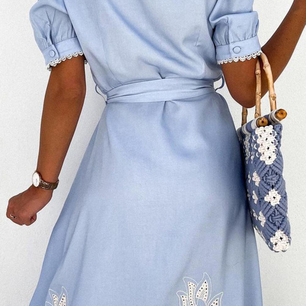 Elegant Embroidered Women Maxi Dress Chic Lapel Long Sleeve High Waist Lace Up Dresses