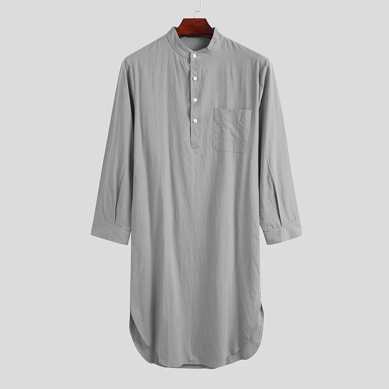 Men's Comfortable Cotton Button-down Sleep Robe Solid Color Stand Neck Long Sleeve Nightgown