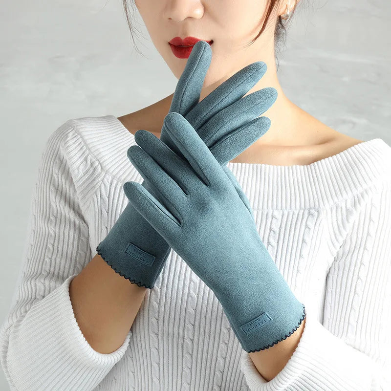 Women Slim Vintage Windproof Touch Screen Suede Winter Gloves