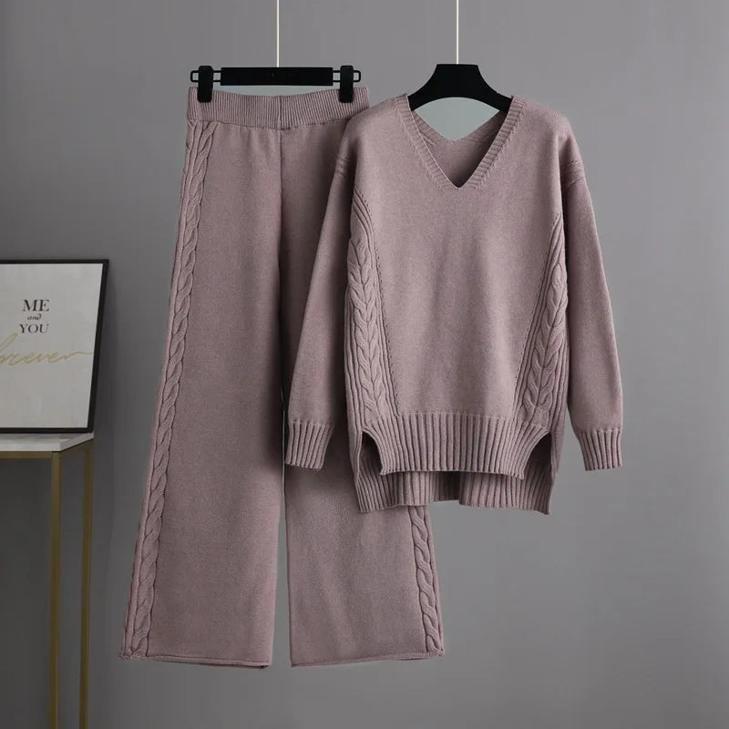 Woman's Sweaters and Wide Leg Pants Two Piece Sets Autumn Winter Thick Warm Tracksuit for Women V-neck Pullovers Casual Trousers