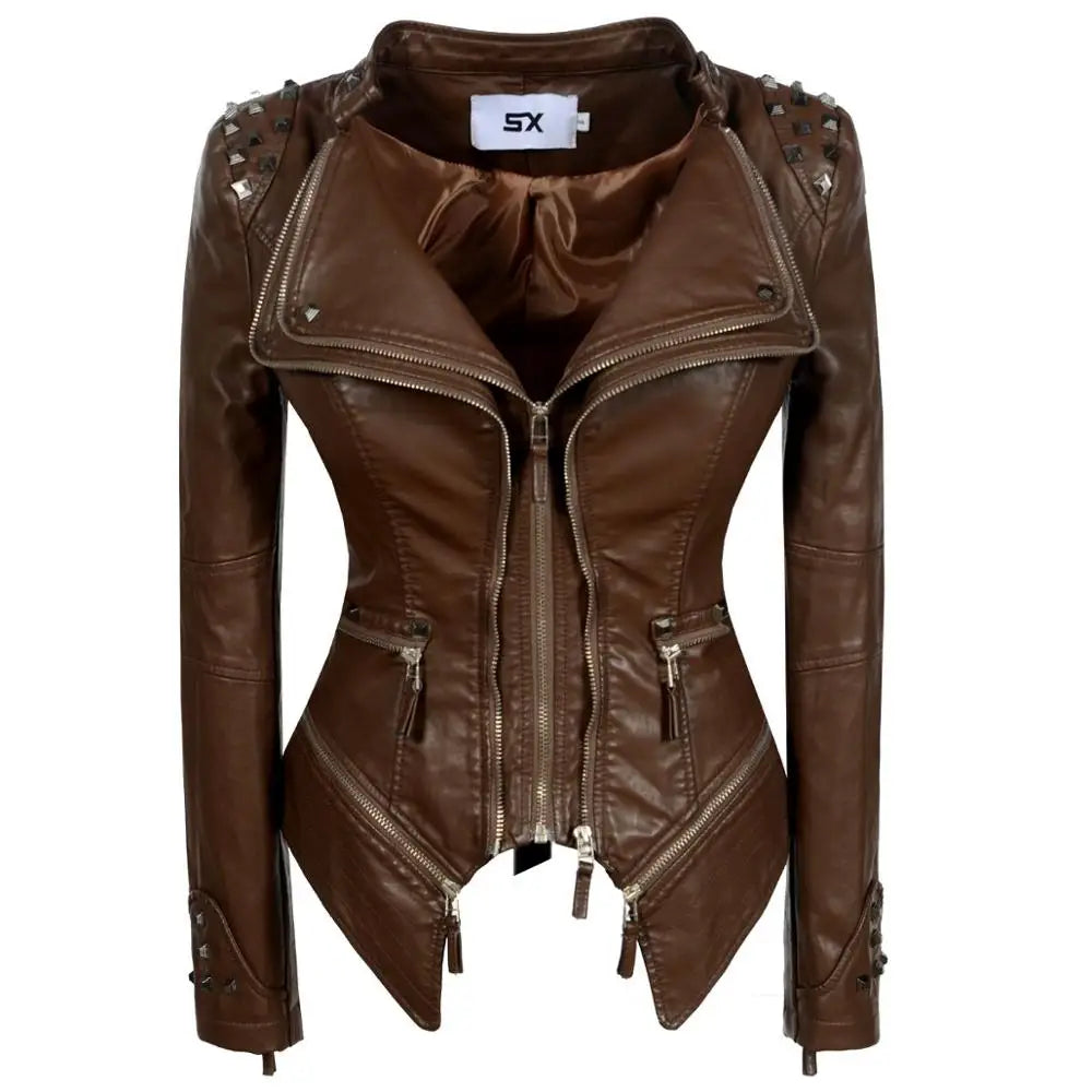 Fashion Women Smooth Motorcycle PU Leather Faux Jacket Long Sleeve