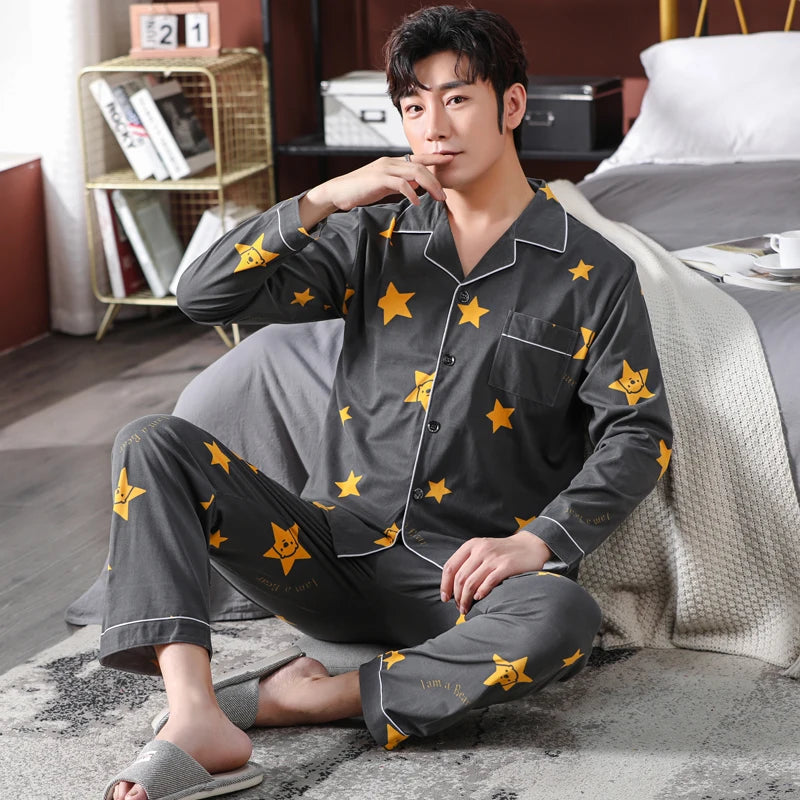 High Quality Autumn Pajamas Mens Milk Silk Sleepwear Long Sleeve 2 Pieces Pajama Set Men Casual Style