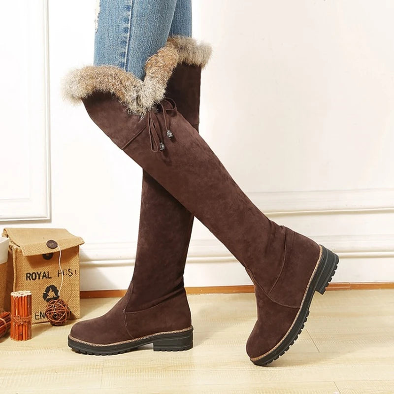 Women Warm Winter Snow Boots Shoes Suede Knee High Low heels Warm Fur