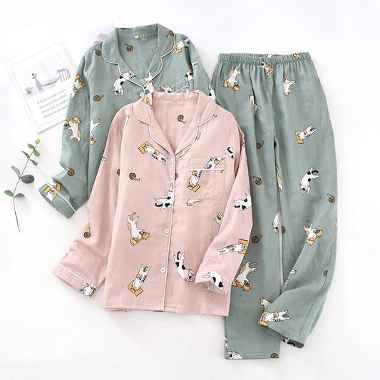 Japanese spring and autumn couples cotton gauze pajamas suit men Women cotton four seasons long-sleeved trousers