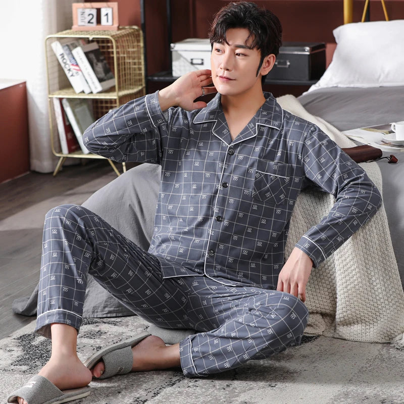 High Quality Autumn Pajamas Mens Milk Silk Sleepwear Long Sleeve 2 Pieces Pajama Set Men Casual Style