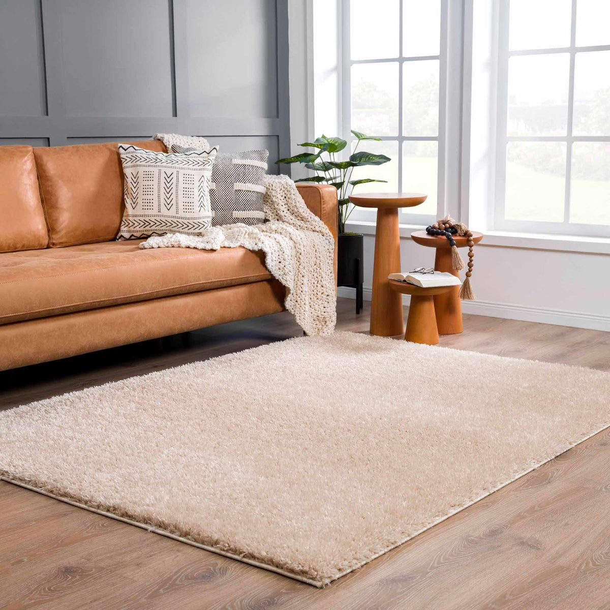 Faina Solid Beige Shag Rug Washable