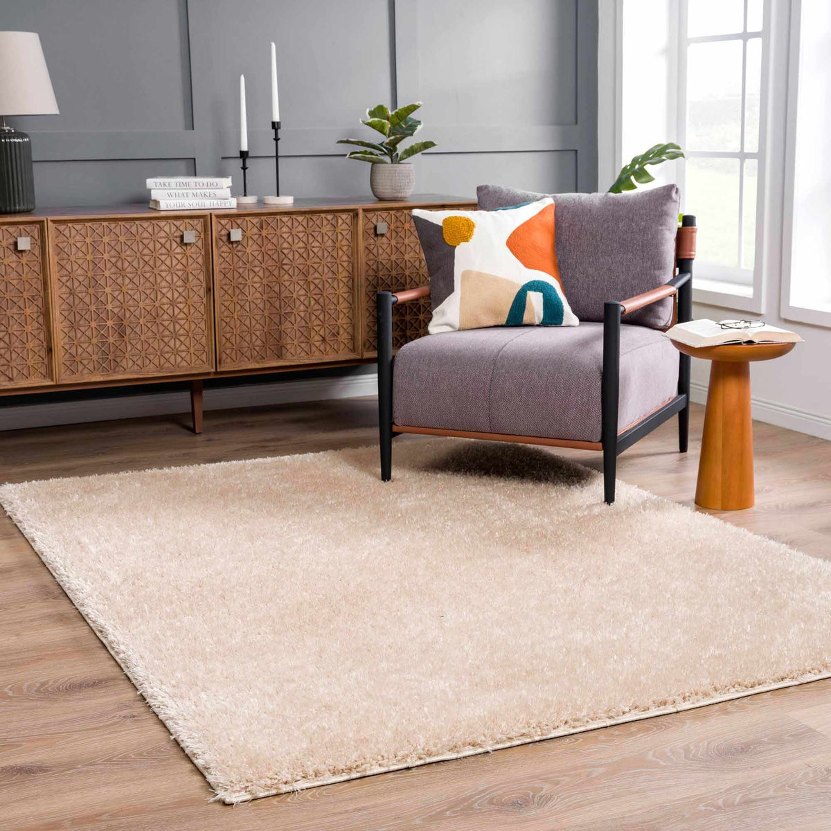 Faina Solid Beige Shag Rug Washable