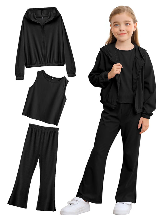 Toddler Girls Set Long Sleeve Zip Jacket Basic Tanks Flared Pants