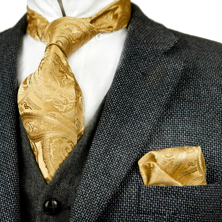 Solid Floral Paisley Yellow Gold Men's Ties Neckties 100% Silk Jacquard Woven Tie Sets Pocket Square Party Wedding