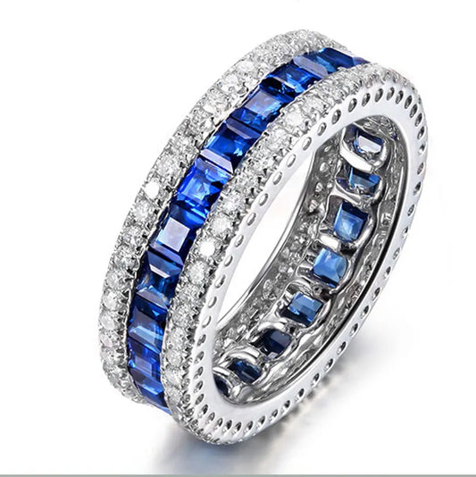 Women Fine Jewelry 925 Sterling Silver Round  Vintage Antique Band Ring With Clear Zircon Blue