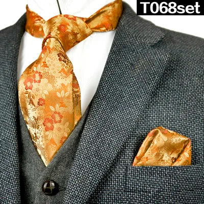 Solid Floral Paisley Yellow Gold Men's Ties Neckties 100% Silk Jacquard Woven Tie Sets Pocket Square Party Wedding