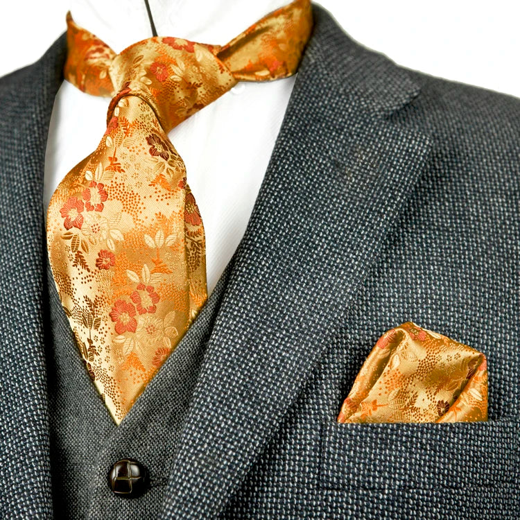 Solid Floral Paisley Yellow Gold Men's Ties Neckties 100% Silk Jacquard Woven Tie Sets Pocket Square Party Wedding