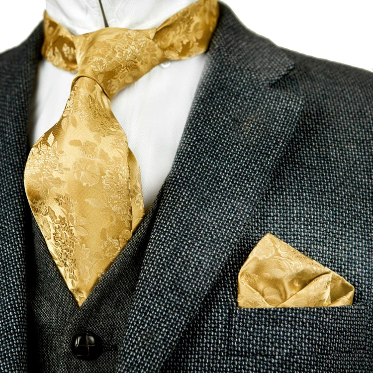 Solid Floral Paisley Yellow Gold Men's Ties Neckties 100% Silk Jacquard Woven Tie Sets Pocket Square Party Wedding