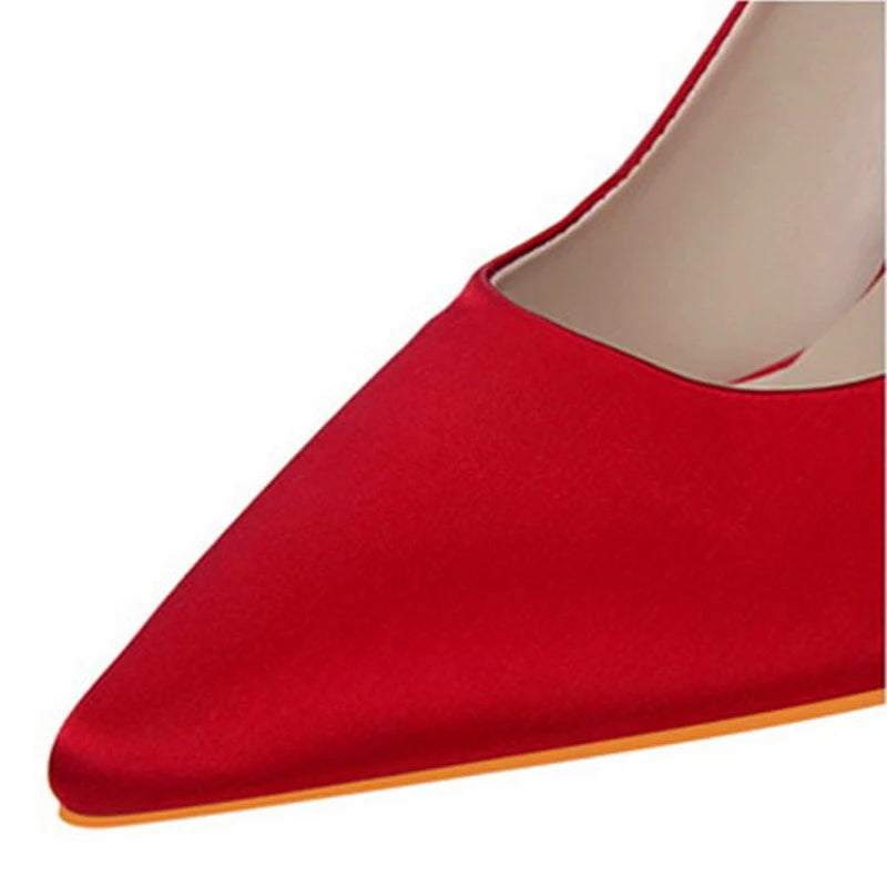 Elegant Metal Carved Heel Women Pumps Solid Silk Pointed Toe High Heels 10cm