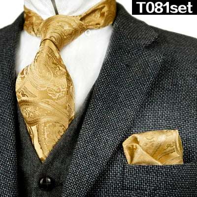 Solid Floral Paisley Yellow Gold Men's Ties Neckties 100% Silk Jacquard Woven Tie Sets Pocket Square Party Wedding
