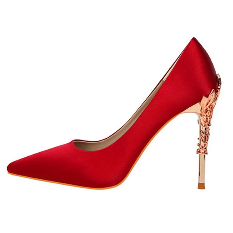 Elegant Metal Carved Heel Women Pumps Solid Silk Pointed Toe High Heels 10cm