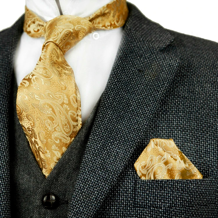 Solid Floral Paisley Yellow Gold Men's Ties Neckties 100% Silk Jacquard Woven Tie Sets Pocket Square Party Wedding