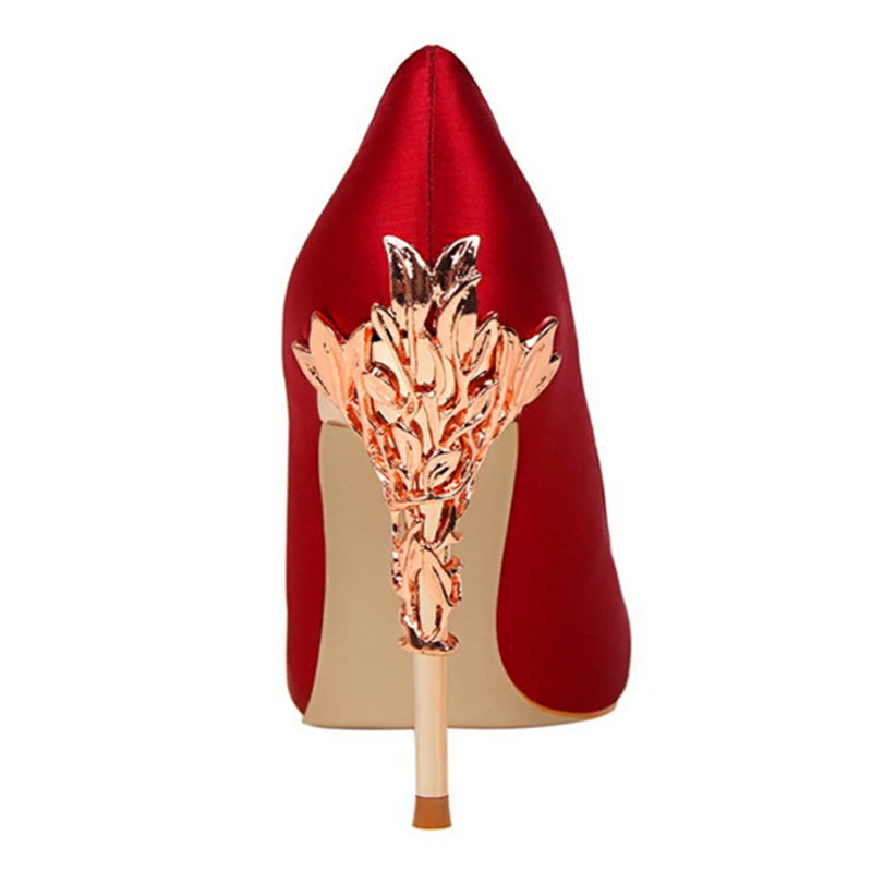 Elegant Metal Carved Heel Women Pumps Solid Silk Pointed Toe High Heels 10cm