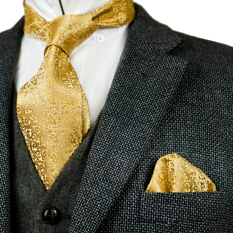 Solid Floral Paisley Yellow Gold Men's Ties Neckties 100% Silk Jacquard Woven Tie Sets Pocket Square Party Wedding