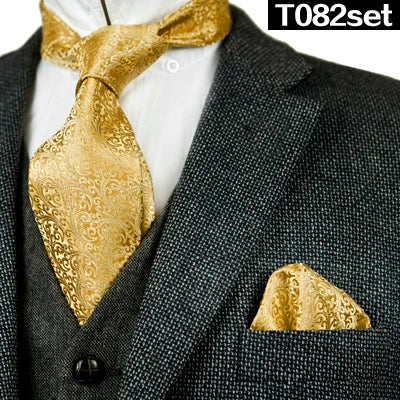 Solid Floral Paisley Yellow Gold Men's Ties Neckties 100% Silk Jacquard Woven Tie Sets Pocket Square Party Wedding
