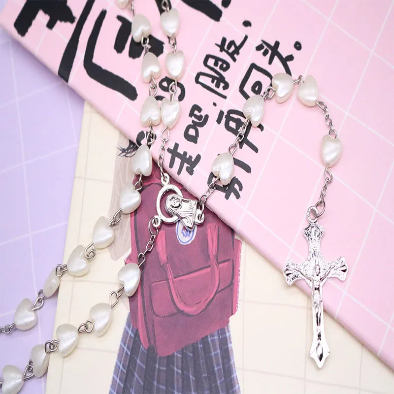 Catholic porcelain white love rosary prayer necklace, Mary blessing rosary prayer necklace