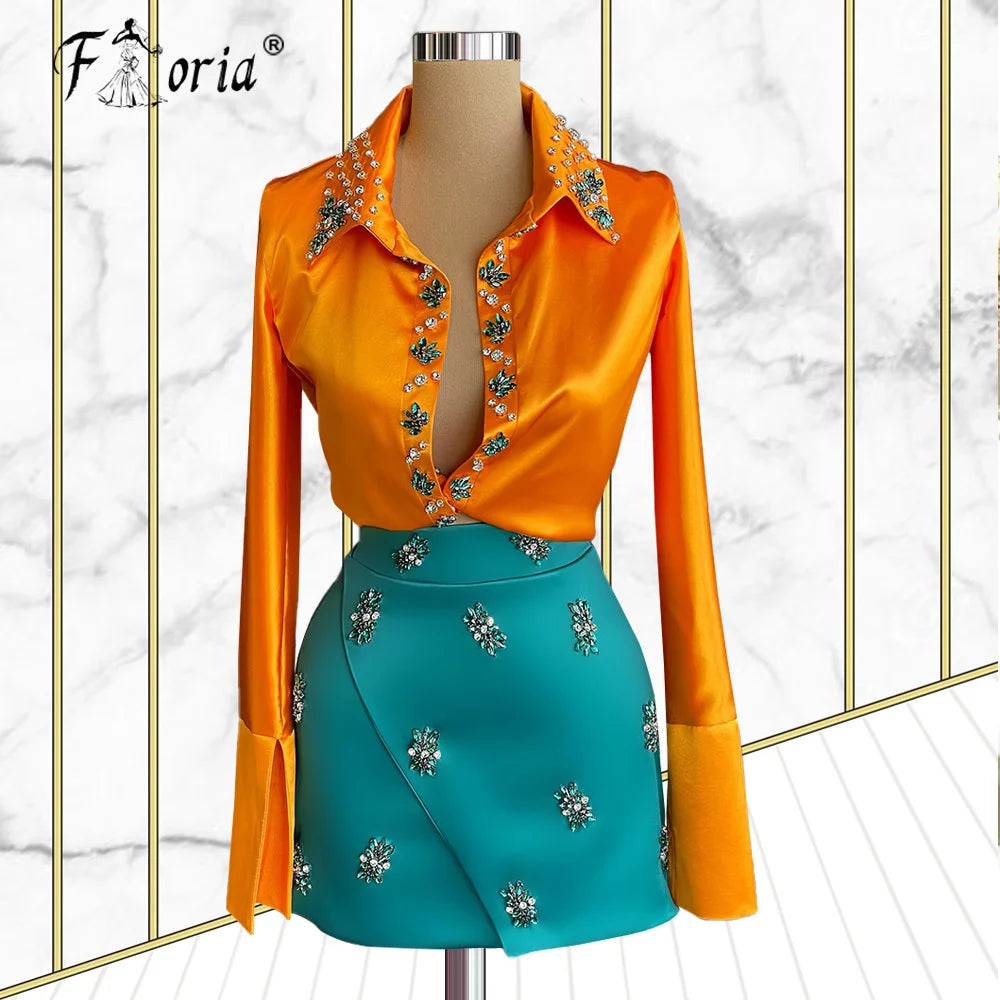 Haute Couture Two Piece Cocktail Outfit Long Sleeves Fashion Rhinestones [More Colors]