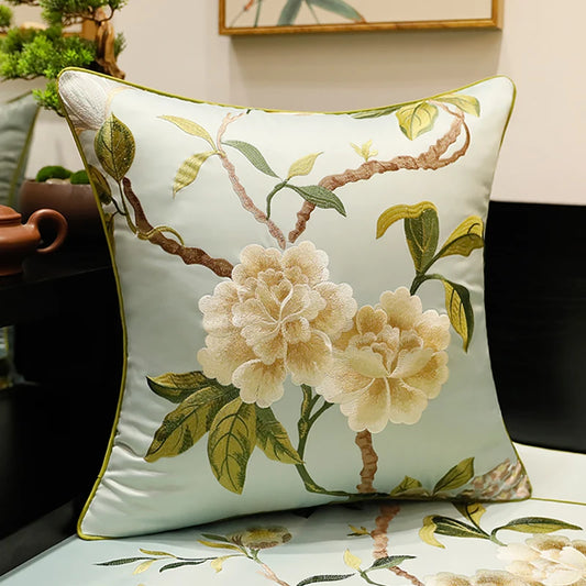 Cushion Cover Decorative Pillow Case Vintage Chinese Style Simple Bloom Elegant Embroidery Coussin Sofa Cushion Cover
