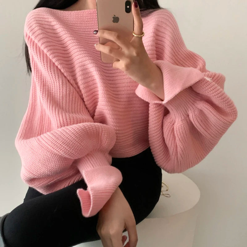 Women Neck Split Design Sleeve Lantern High Waist Short Kitted Sweater