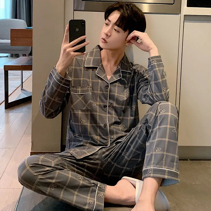 High Quality Autumn Pajamas Mens Milk Silk Sleepwear Long Sleeve 2 Pieces Pajama Set Men Casual Style