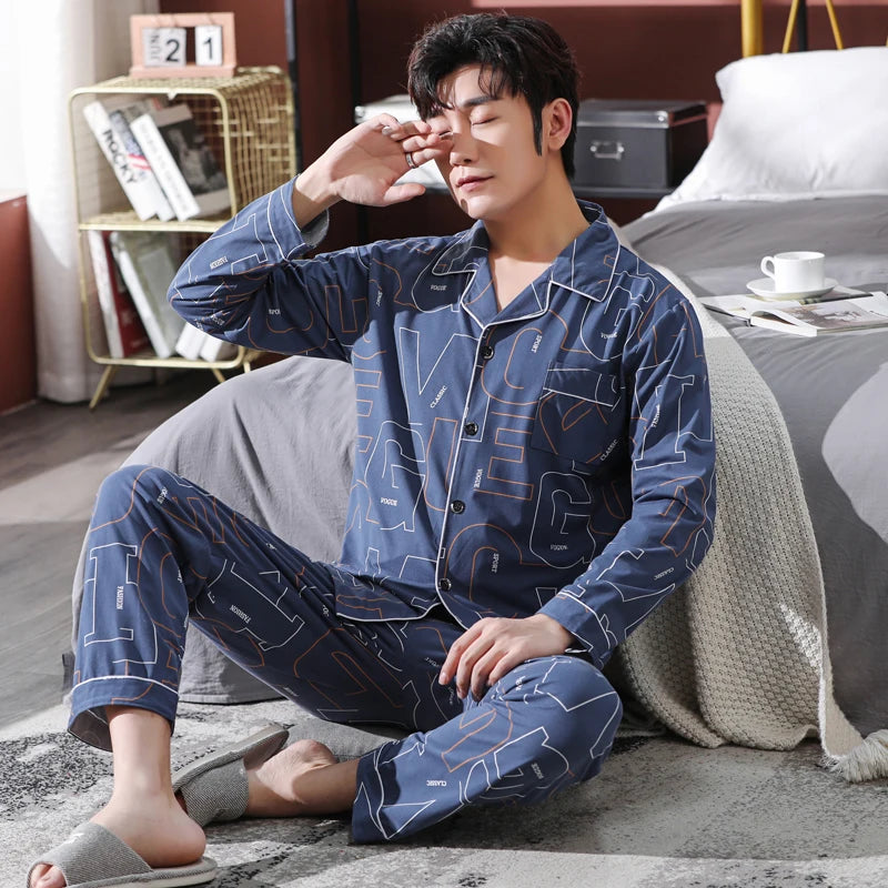 High Quality Autumn Pajamas Mens Milk Silk Sleepwear Long Sleeve 2 Pieces Pajama Set Men Casual Style
