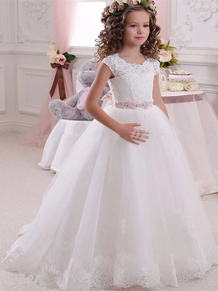 Flower Girl Dress for Wedding or Communion See Through Beaded Puffy