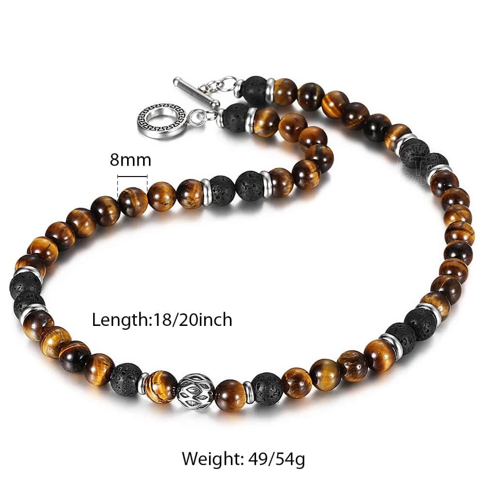 Natural Stone Tiger Eyes Lava Bead Men's Necklace Stainless Steel Beaded 8mm 18/20inch