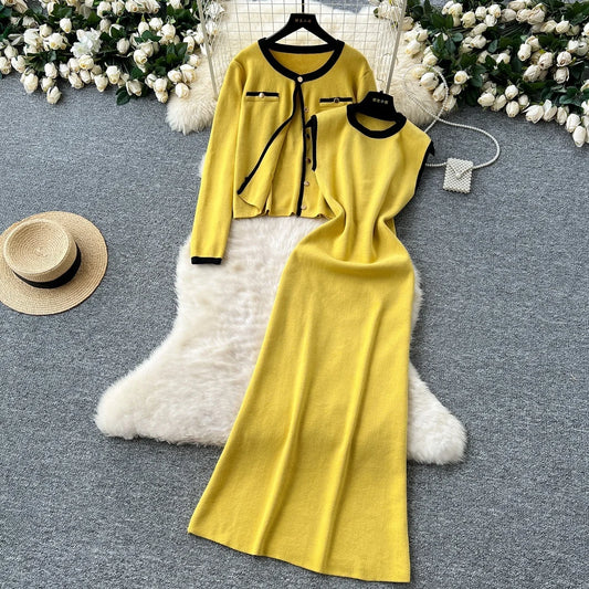 Women Round Neck Warm Knitted Cardigan Jacket Sleeveless Vest Dress 2 Pieces Casual