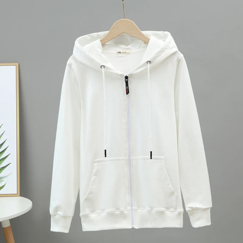 100% Cotton Women Hoodies Large Size Solid Zipper Casual Hooded Oversized Sweatshirt