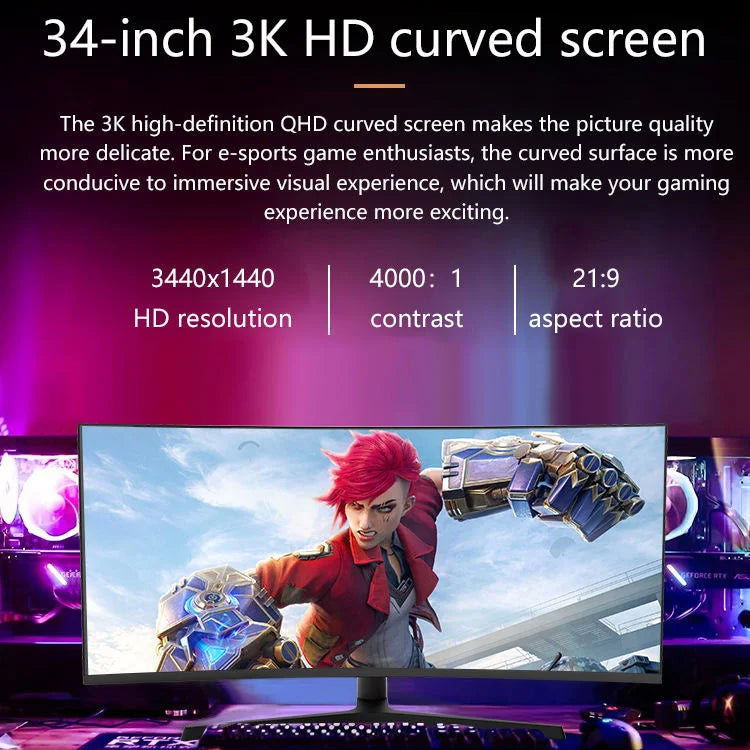 34 Inch Curved Screen Gaming Monitor 100hz 4k 3440*1440 Super Wide R1500 LED Computer Monitor Pc for Game