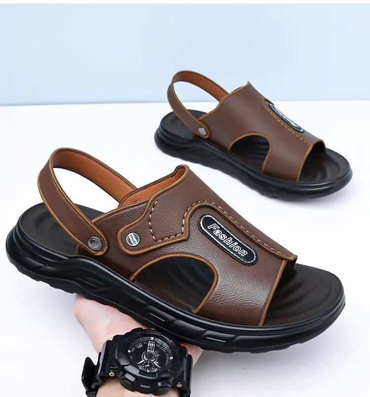 Xuanhui Men's Durable Non-Slip Flat Heel Sandals Thick Sole Breathable PU Insole Summer Beach Shoes